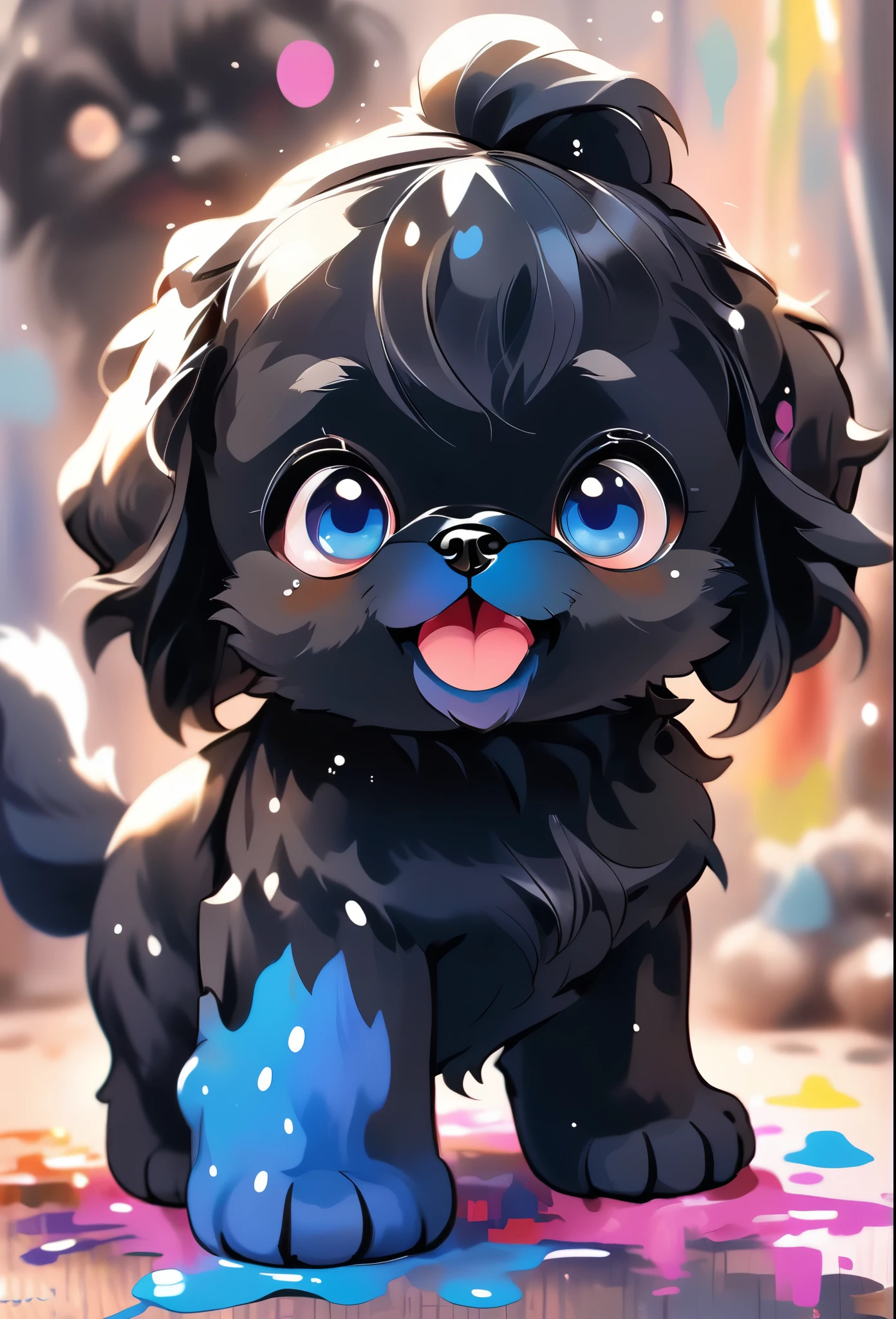 2 adorable tiny black Shih Tzu puppies with big bright blue eyes painting, happy, playful, covered in bright color paint, paint pawprints in back ground