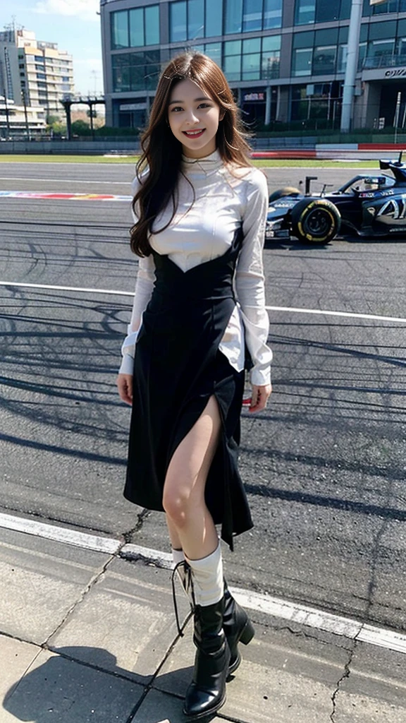 ((Grid Girl Costumes、Accentuate your breasts、Full body photo:1.24))、(View Formula One Cars、1 1 1、Racing Car:1.2)、(RAW Photos、Photorealistic:1.4)、Two Girls、friendly girl、beautiful girl、Race Queen、Very detailed目と顔、Beautifully detailed dark brown eyes、Very detailedな、High resolution、Highest quality、masterpiece、Very detailed、8k、Outdoor、Japan female, 20 years old、Medium chest、8 Lifestyle、(Auto Racing Track、On the circuit:1.37)、smile、Open your mouth、Cute atmosphere、Wearing long boots