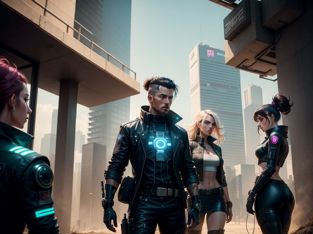 We see (2 women, 3 man) In a profile shot, cyberpunk cowboys who encounter obstacles on their path: drone patrols and cybernetic guards.