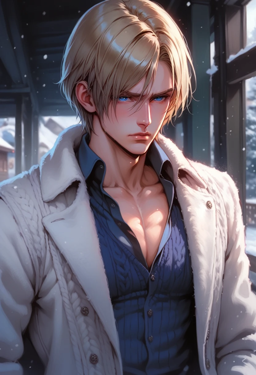 absurdities, High resolution, ultra detailed, HdR, masterpiece, Extremely detailed face and eyes, Leon Kennedy, medium blonde hair, disheveled, bushy eyebrows, serious, expressive blue eyes, resident evil 6, 1 man, elegant, white fur coat, blue winter sweater, toned chest, snowy background. Complete plan