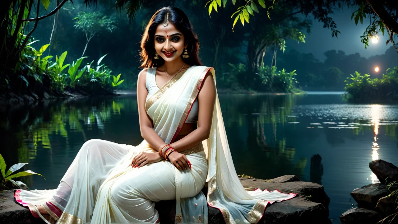 (dark jungle ambience) (horror dark effect) (full body) (scary face) a beautiful indian beautiful ghost girl wearing sleeveless white saree,  sitting beside a lake, scary bloody face, smiling expression, emotionless, seductive, detailed face, detailed eyes, detailed lips,night lighting 