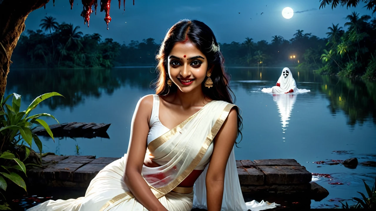 (dark jungle ambience) (horror dark effect) (full body) (scary face) a beautiful indian beautiful ghost girl wearing sleeveless white saree,  sitting beside a lake, scary bloody face, smiling expression, emotionless, seductive, detailed face, detailed eyes, detailed lips,night lighting 