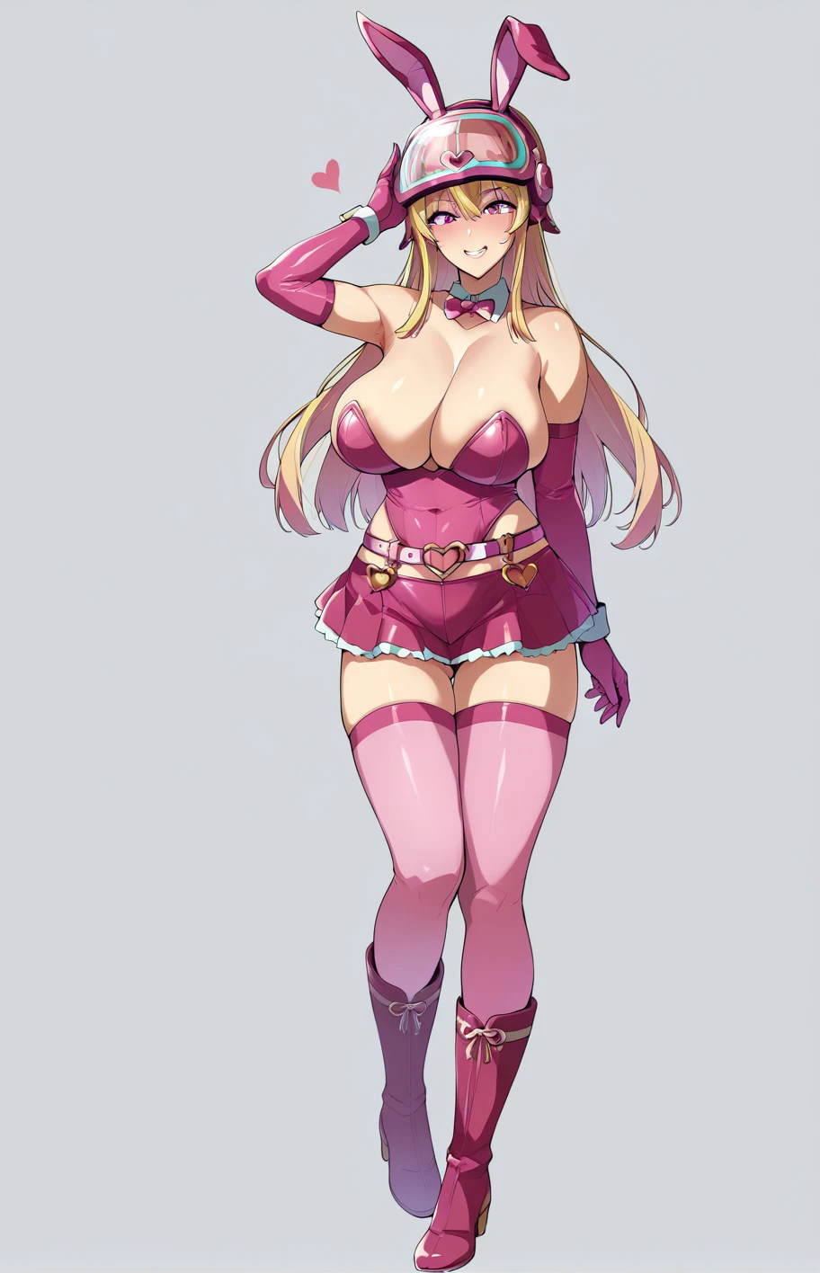 Ultra-detailed illustrations、Ultra-precise expression、masterpiece、Highest quality、ultra High resolution、High resolution、Hiromitsu Takeda Style、White background、Simple Background、Full body pink tights、A pink full-face helmet that covers the entire face、bunny、Bunny ears、Pink leotard、Pink Rider Suit、Pink Tight Skirt、、Pink long gloves、Pink Long Boots、Pink heart belt、pose、