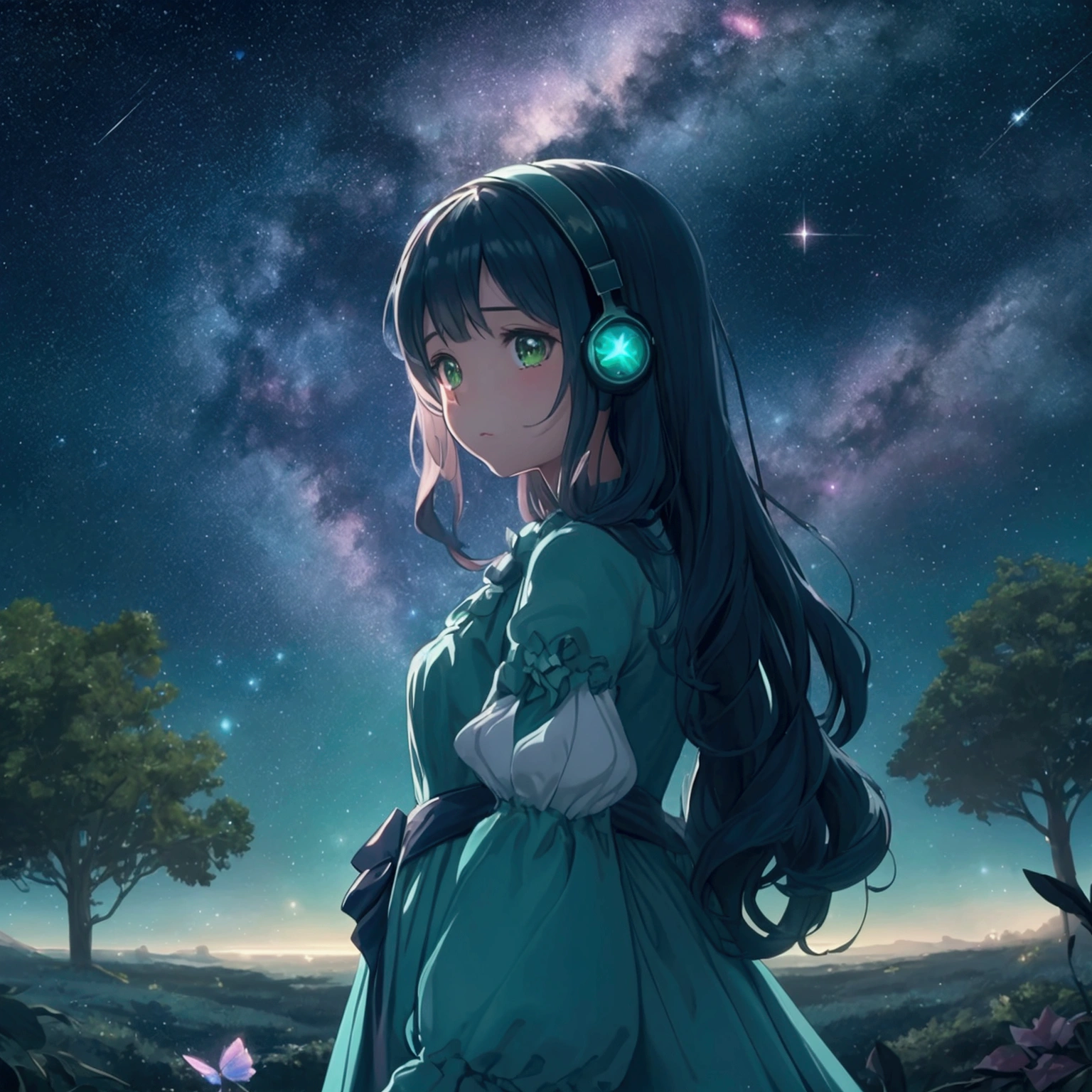Serena, young girl, headphones on, fleet, shining stars, immersed melodies, hip hop lofi,Night forest where trees have trunks that shine like stars and leaves that change color according to the moonlight. Un claro central revela un lago que refleja un cielo estrellado donde las constelaciones se mueven y cambian Criaturas como luciérnagas gigantes y mariposas de estrellas fleetn por la escena, while a great shooting star lights up the sky. Smooth and ethereal animation style, with a palette of soft and nocturnal colors: dark blues, luminous greens and stellar pinks. . The atmosphere is magical and dreamy.
