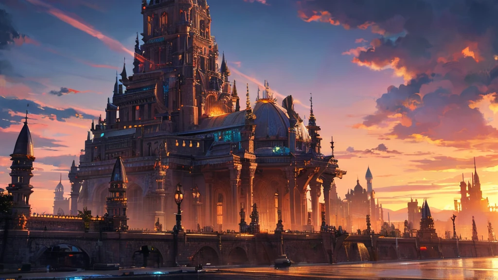 a futuristic tartarian civilization, a city at sunset, intricate architecture, advanced technology, glowing energy fields, dramatic lighting, cinematic atmosphere, stunning vistas, digital art, 8k, ultradetailed, photorealistic, masterpiece
