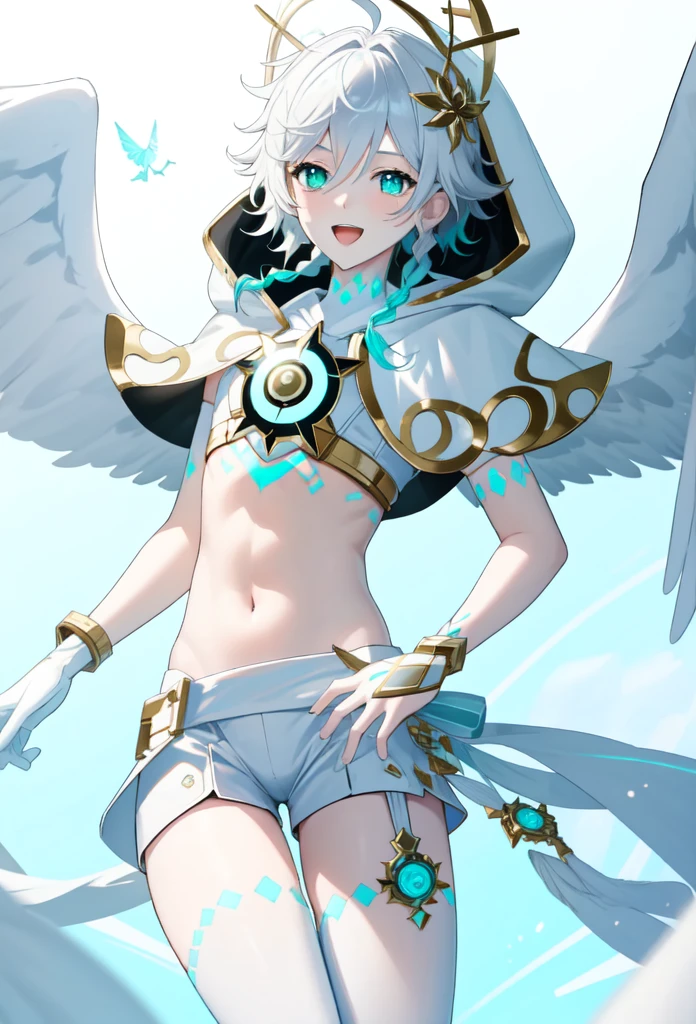 best quality,masterpiece,highres,solo,1boy, absurdres, androgynous, White_hair, White _hair, character_name, chest_tattoo, commentary, crop_top, english_text, feathered_wings, gradient_hair, green_eyes, happy_birthday, highres, hood_up, hooded_capelet, kkopoli, light, male_focus, midriff, official_alternate_costume, open_mouth, short_hair_with_long_locks, simple_white, smile, solo, twin_braids, venti_\(archon\)_\(genshin_impact\), venti_\(genshin_impact\), white_shorts, white_thighhighs, white_wings