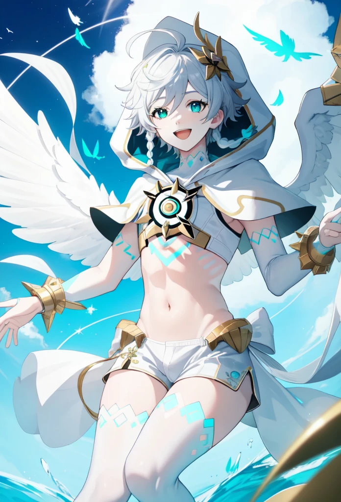 best quality,masterpiece,highres,solo,1boy, absurdres, androgynous, White_hair, White _hair, character_name, chest_tattoo, commentary, crop_top, english_text, feathered_wings, gradient_hair, green_eyes, happy_birthday, highres, hood_up, hooded_capelet, kkopoli, light, male_focus, midriff, official_alternate_costume, open_mouth, short_hair_with_long_locks, simple_white, smile, solo, twin_braids, venti_\(archon\)_\(genshin_impact\), venti_\(genshin_impact\), white_shorts, white_thighhighs, white_wings