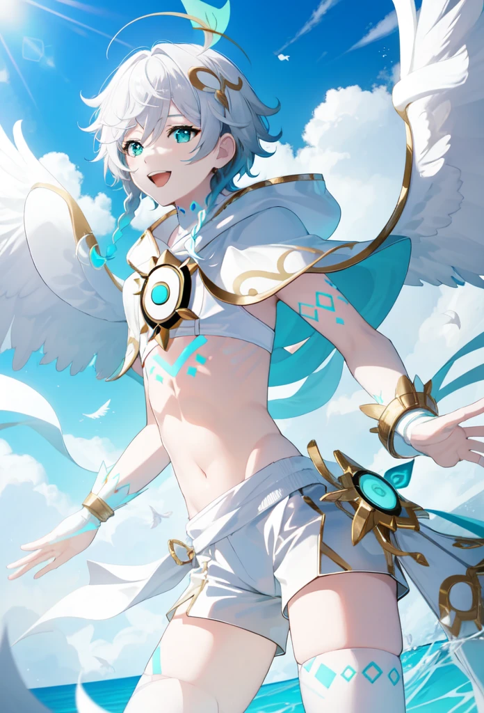 best quality,masterpiece,highres,solo,1boy, absurdres, androgynous, White_hair, White _hair, character_name, chest_tattoo, commentary, crop_top, english_text, feathered_wings, gradient_hair, green_eyes, happy_birthday, highres, hood_up, hooded_capelet, kkopoli, light, male_focus, midriff, official_alternate_costume, open_mouth, short_hair_with_long_locks, simple_white, smile, solo, twin_braids, venti_\(archon\)_\(genshin_impact\), venti_\(genshin_impact\), white_shorts, white_thighhighs, white_wings