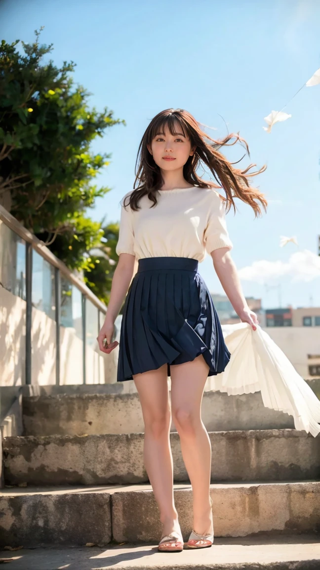 ((Viewing angle from below、Highest quality、masterpiece、32K、Every detail))、Descend the outdoor stairs、commute、Systemic symptoms、Traditional navy blue sailor uniform、White blouse、Pleated skirt、(((A strong wind blows my hair and skirt away:1.62)))、((I always wear the shoulder strap of my bag across my body...:1.22))、One Girl, alone、(((mini skirt, No underwear:1.22)))、Big Breasts、barefoot, High heels