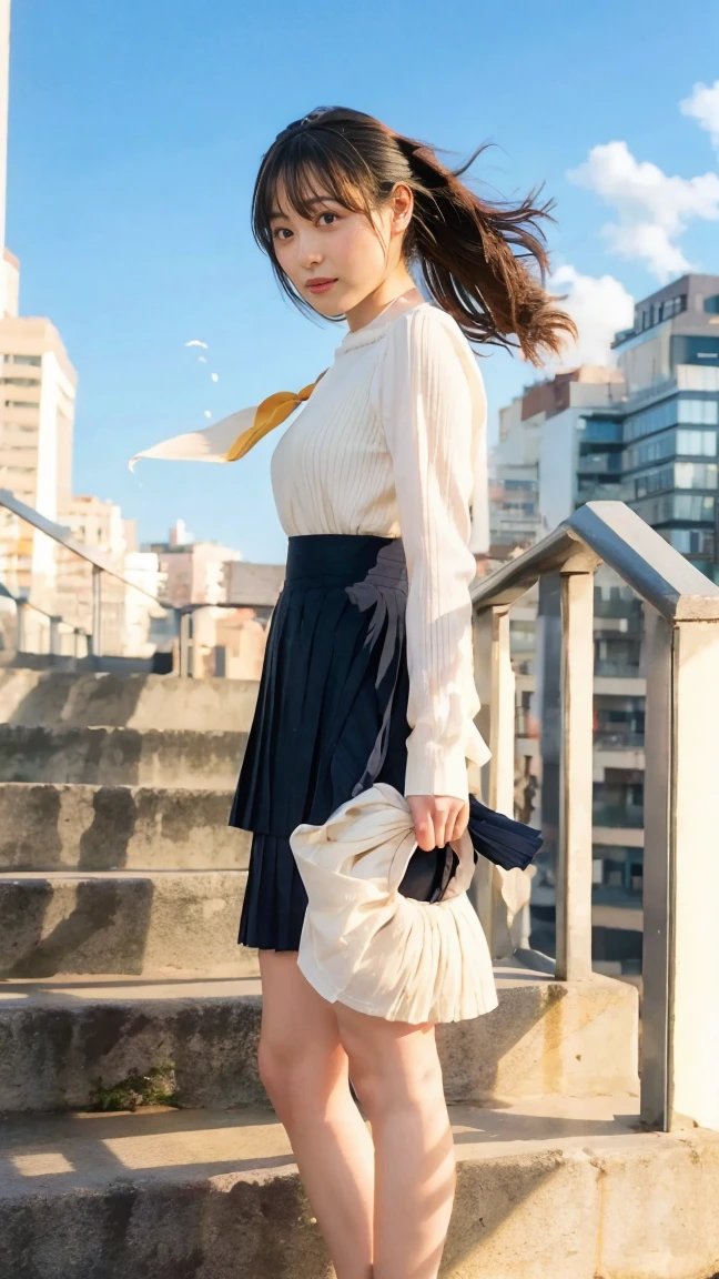 ((Viewing angle from below、Highest quality、masterpiece、32K、Every detail))、Descend the outdoor stairs、commute、Systemic symptoms、Traditional navy blue sailor uniform、White blouse、Pleated skirt、(((A strong wind blows my hair and skirt away:1.62)))、((I always wear the shoulder strap of my bag across my body...:1.22))、One Girl, alone、(((mini skirt, No underwear:1.22)))、Big Breasts、barefoot, High heels