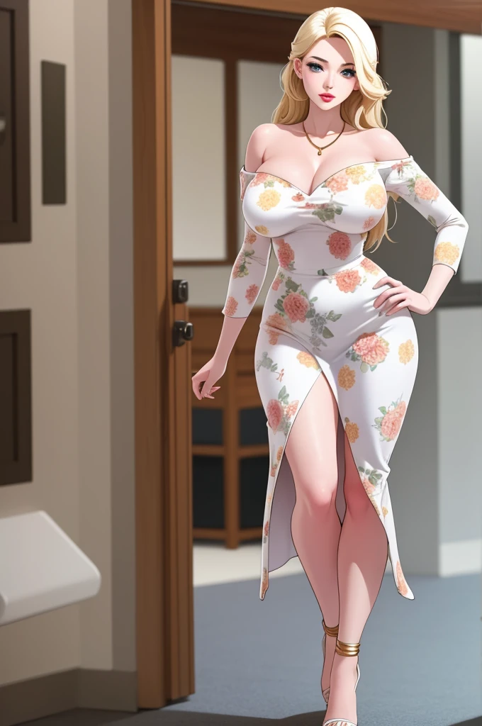 An extremely beautiful busty woman with blonde long hair, big blue eyes, extremely super bright snow white fair stunning flawless glowing lush shiny flawless white skin, a perfect tight hourglass figure, and a skinny waist, wearing an off-shoulder long maroon loose floral garment, white heels, white around the body, gold necklace on the neck, gold anklets on her feet, standing straight, beach in the background, show full body from head to feet.