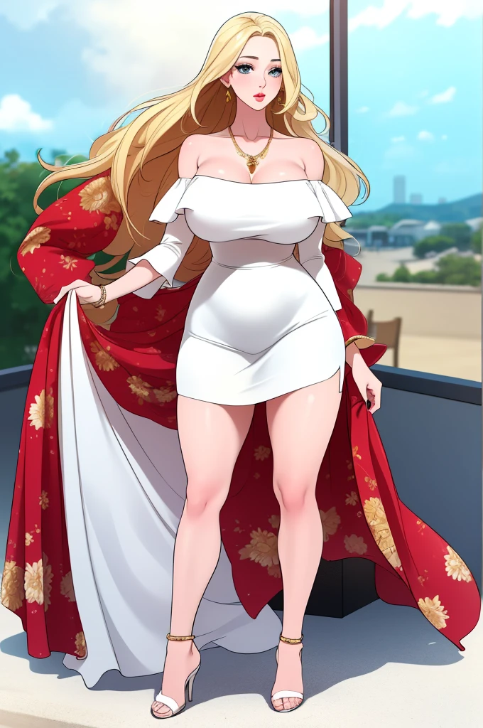 An extremely beautiful busty woman with blonde long hair, big blue eyes, extremely super bright snow white fair stunning flawless glowing lush shiny flawless white skin, a perfect tight hourglass figure, and a skinny waist, wearing an off-shoulder long maroon loose floral garment, white heels, white around the body, gold necklace on the neck, gold anklets on her feet, standing straight, beach in the background, show full body from head to feet.
