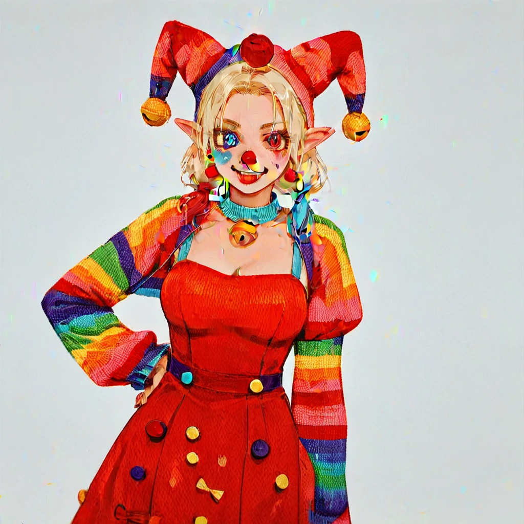 glitchcore, Clumsy clown girl, (score_9,score_8_up,score_7_up,score_6_up,score_5_up,score_4_up)
1girl, Blush, Looking at viewer, Blonde Hair, Low Twintails, Pointy Ears, Large breasts, Fang, Heterochromia, Slit Pupils, Red Eyes, Yellow Eyes, Spiral Eyes, Clown facepaint, Jester clown hat, Jester hat with bells, primary color clown dress, collar with bell, clown nose, Long Hair, Solo, 