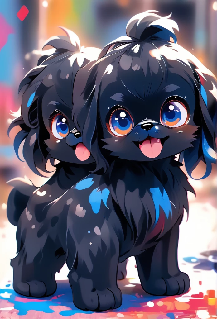 2 adorable tiny black Shih Tzu puppies with big bright blue eyes painting, happy, playful, covered in bright color paint, paint pawprints in back ground 3D Pixar style