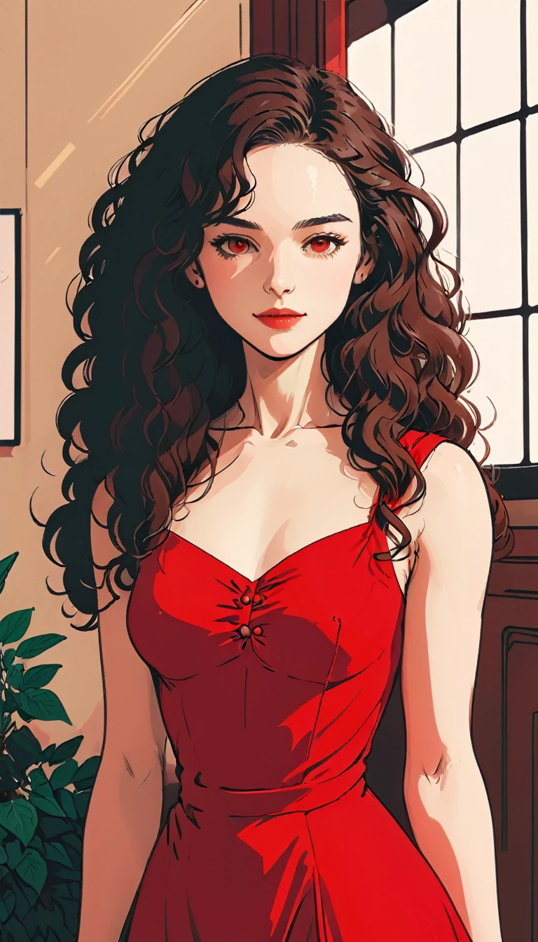 [white-skinned woman:1.2, long curly hair:1.2, elegant red dress, snub-nosed, bright brown eyes], portrait, VSCO filter: C8), line art, flat colors