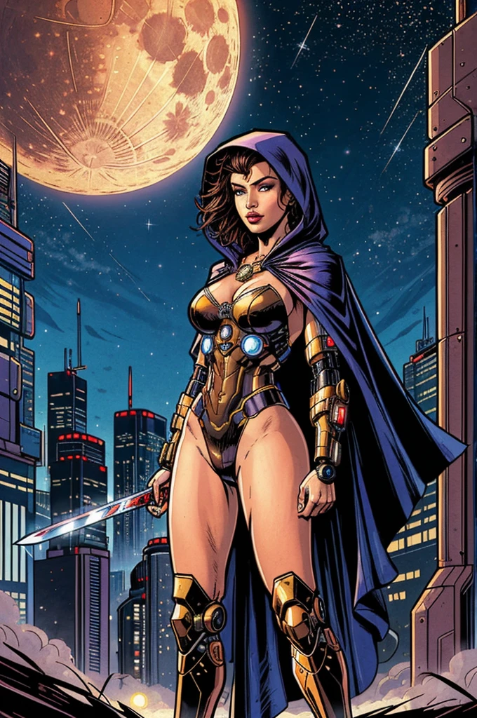 masterpiece, best quality, a woman in a futuristic suit, a sword on her back, in the dark night sky with stars in the background and a full moon in the sky, cybernetic, cyberpunk art, fantasy art hooded cloak,