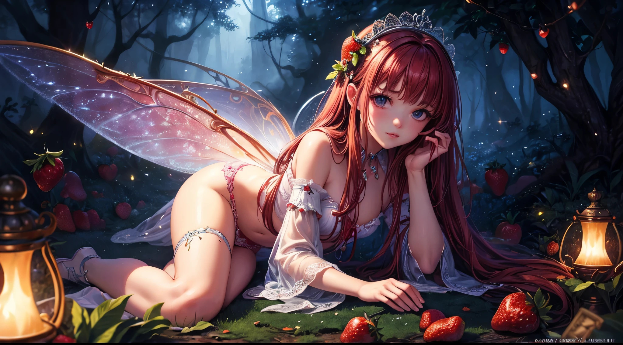 ( Absurd, High quality, ultra-detailed, masterpiece, concept art, smooth, highly detailed artwork, hyper-realistic painting ) , tiny , strawberry girl, Strawberries, cute, whole body, Romantic, Vivid, dreamy, fantasy, fairy wings, in the forest, enchanting glow, very detailed art, reveal clothes, sexy lace underwear, ((pregnat))