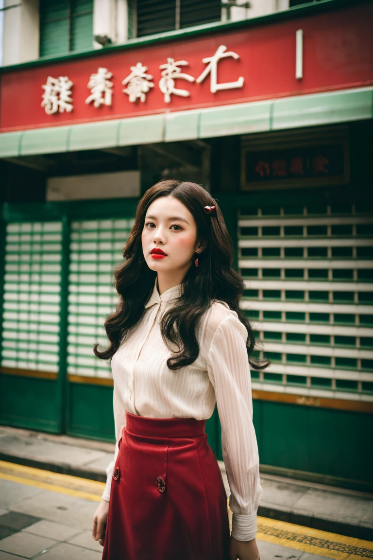 Long black curly hair, red lips, wearing a vintage red velvet skirt, blurred background, vintage Hong Kong cross street, street sign, green roller shutter door, white tile, 2046, Wong Kar Wai Cinematic Style, fashion photography, film filter