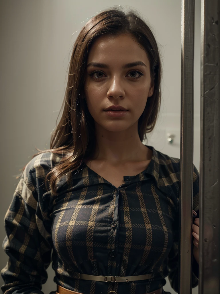 a standing hands cuffed C cup prision girl in a Brown Buffalo Plaid Print Long prision Dress - Long Sleeves, beautiful detailed eyes, beautiful detailed lips, extremely detailed eyes and face, long eyelashes, in a prison setting, hands cuffed, jail, clothes covering the body, uniform covering the leg, (best quality,4k,8k,highres,masterpiece:1.2),ultra-detailed,(realistic,photorealistic,photo-realistic:1.37),beautiful detailed eyes,beautiful detailed lips,extremely detailed eyes and face,long eyelashes,handcuffed,prison setting,jail,clothes covering body,uniform covering leg,(best quality,4k,8k,highres,masterpiece:1.2),ultra-detailed,(realistic,photorealistic,photo-realistic:1.37),portrait