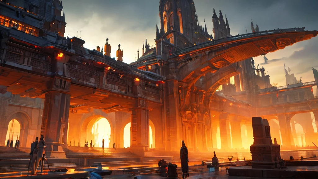 a futuristic tartarian civilization, a city at sunset, intricate architecture, advanced technology, glowing energy fields, dramatic lighting, cinematic atmosphere, stunning vistas, digital art, 8k, ultradetailed, photorealistic, masterpiece, callegon