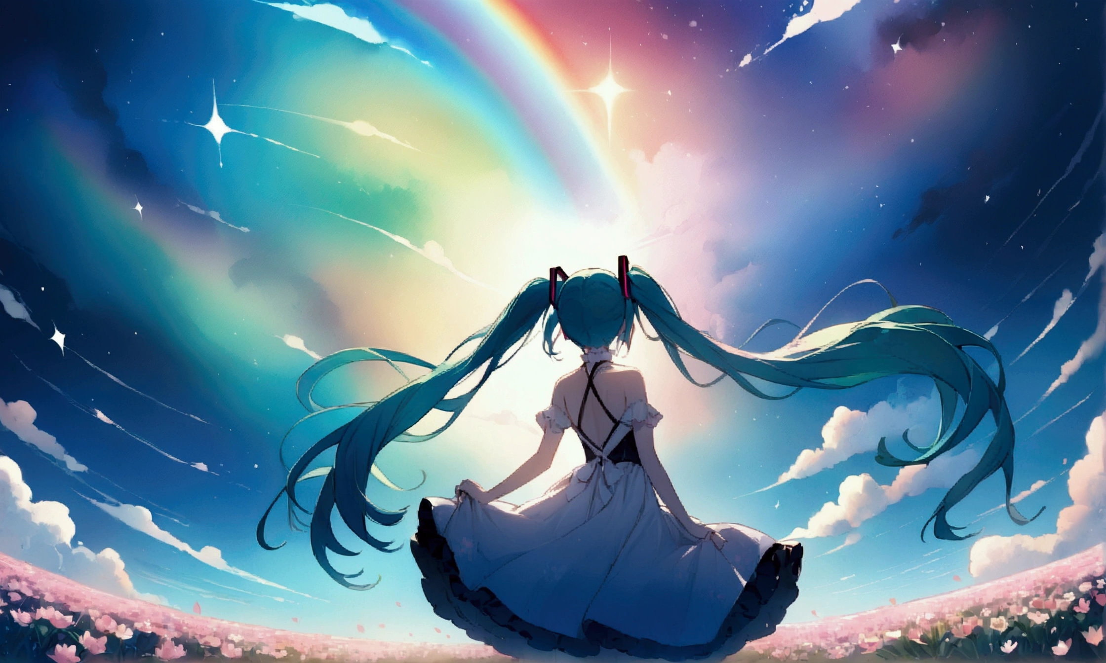 (masterpiece、Highest quality、Highest quality、Official Art、beautiful, beautiful:1.2)、(1 girl:1.3)hatsune miku、Twin tails,big,(High resolution、Very detailed、Hmph、movie、Cherry Blossom Gardenに立つ女の子、Cherry Blossom Garden、Cherry blossom petal splash art、Ultra Detailed Fields、beautiful white starry sky、Aurora、Light blue、Blanche、Sky nebula、watercolor、Pastel colored sun、rainbow、Natural scenery,Back view,