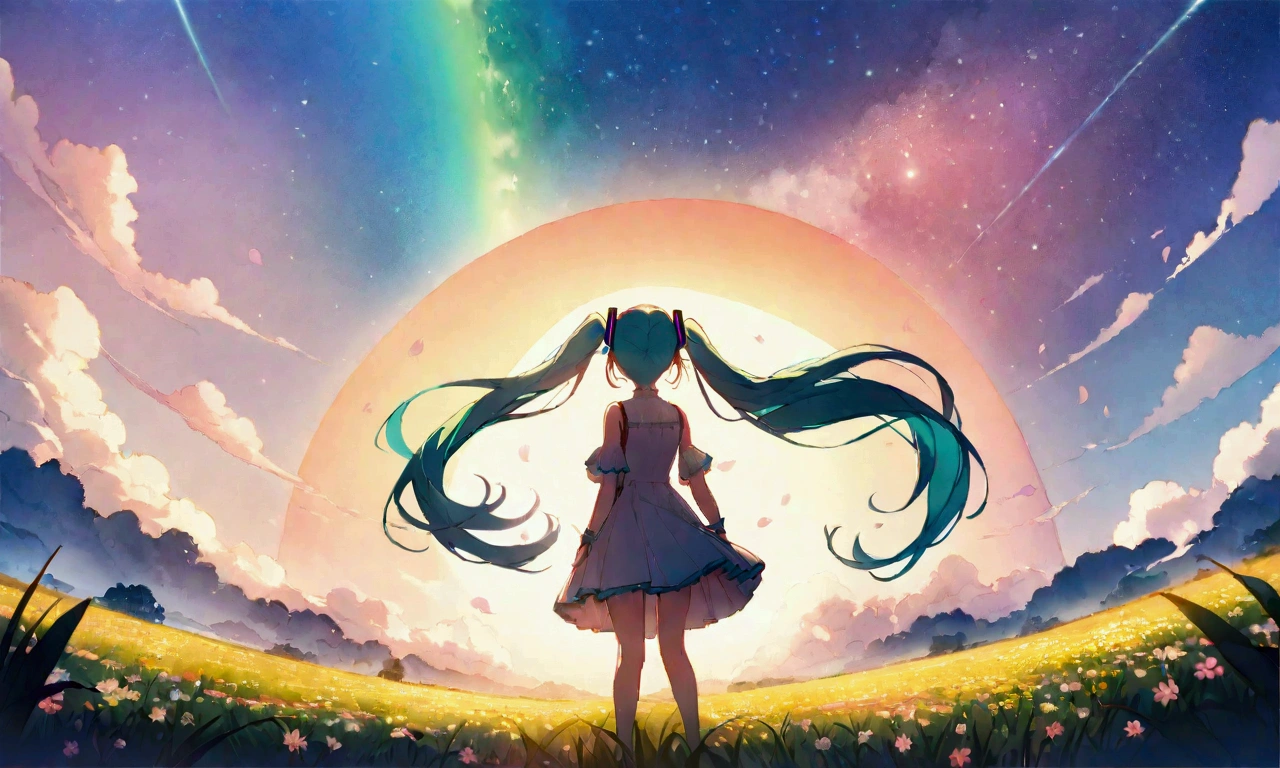 (masterpiece、Highest quality、Highest quality、Official Art、beautiful, beautiful:1.2)、(1 girl:1.3)hatsune miku、Twin tails,big,(High resolution、Very detailed、Hmph、movie、Cherry Blossom Gardenに立つ女の子、Cherry Blossom Garden、Cherry blossom petal splash art、Ultra Detailed Fields、beautiful white starry sky、Aurora、Light blue、Blanche、Sky nebula、watercolor、Pastel colored sun、rainbow、Natural scenery,Back view,