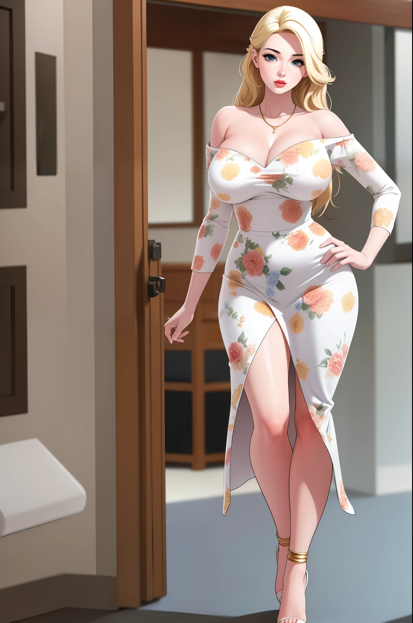 An extremely beautiful busty woman with blonde long hair, big blue eyes, extremely super bright snow white fair stunning flawless glowing lush shiny flawless white skin, a perfect tight hourglass figure, and a skinny waist, wearing an off-shoulder long maroon loose floral garment, white heels, white around the body, gold necklace on the neck, gold anklets on her feet, standing straight, beach in the background, show full body from head to feet. 