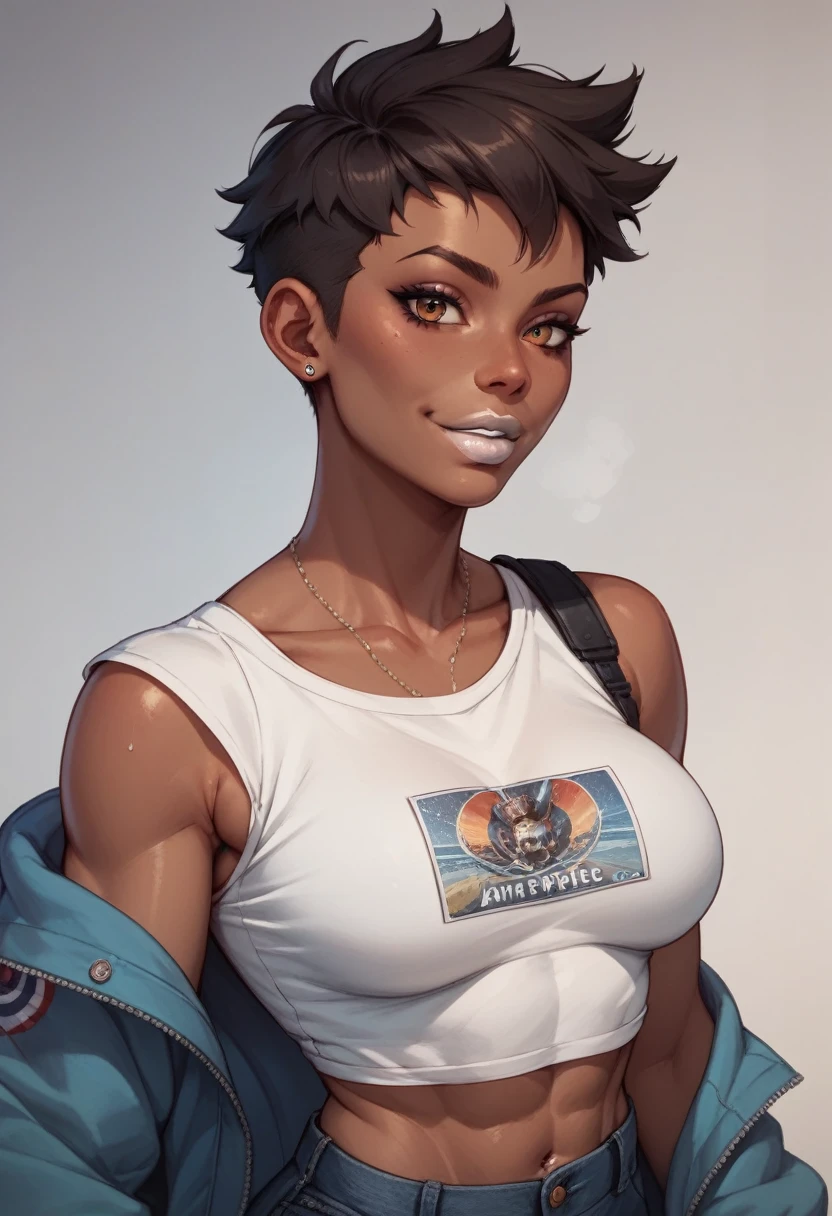 ((masterpiece, best quality)), (high resolution), 1 Tomboy, dark skin, white lipstick