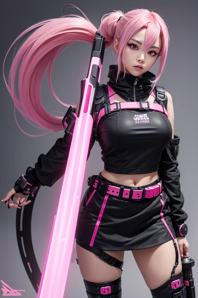 create an Asian woman with half-open red eyes and pink hair tied in a huge ponytail. With a black post-apocalyptic technological outfit with pink details. Holding a large black hammer with pink details. In anime style