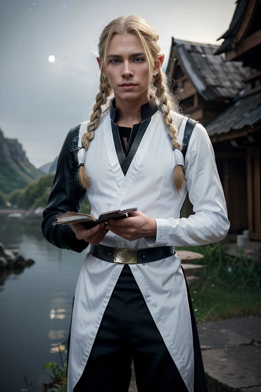 an male elf. blonde long hair, all in a single braid. white skin. blue eyes. carries a metal staff that the top of it has a black pearl. He wears a black tunic with detail in red and underneath its clothes he has a white shirt, black pants and leather boots. He stands by the moonlight and in his other hand he holds an old book 