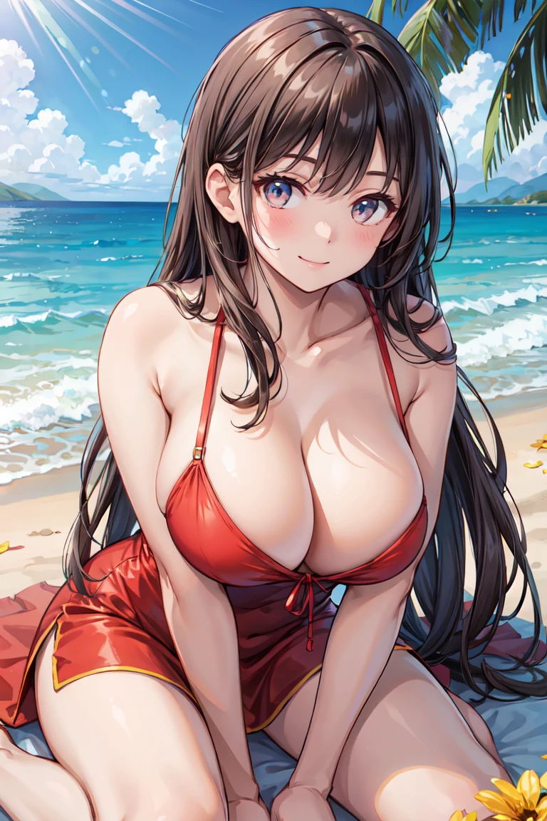 Beautiful woman, Red short dress, Cleavage,Very large breasts,On a beautiful beach, Disheveled long hair, make out, A light smile, Holding flowers, Ultra HD, Realistic, Bright colors, Attention to detail, UHD rendering, Perfect composition, 美しくAttention to detail複合施設
