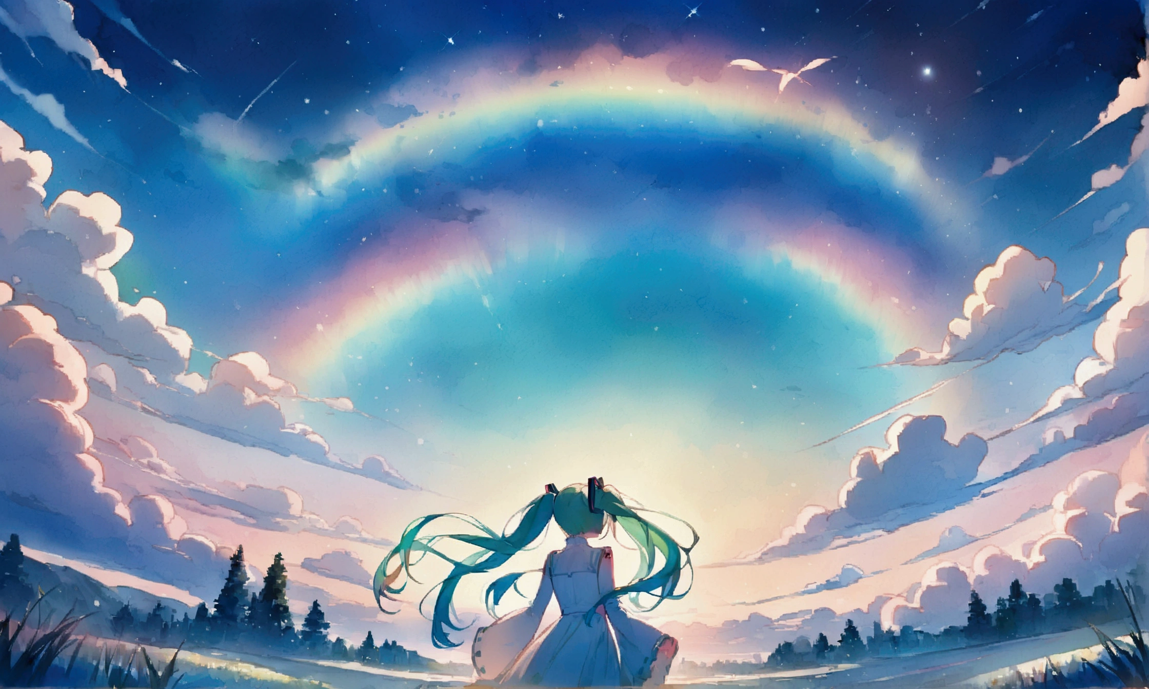 (masterpiece、Highest quality、Highest quality、Official Art、beautiful, beautiful:1.2)、(1 girl:1.3)hatsune miku、Twin tails,big,(High resolution、Very detailed、Hmph、movie、Cherry Blossom Gardenに立つ女の子、Cherry Blossom Garden、Cherry blossom petal splash art、Ultra Detailed Fields、beautiful white starry sky、Aurora、Light blue、Blanche、Sky nebula、watercolor、Pastel colored sun、rainbow、Natural scenery,Back view,
