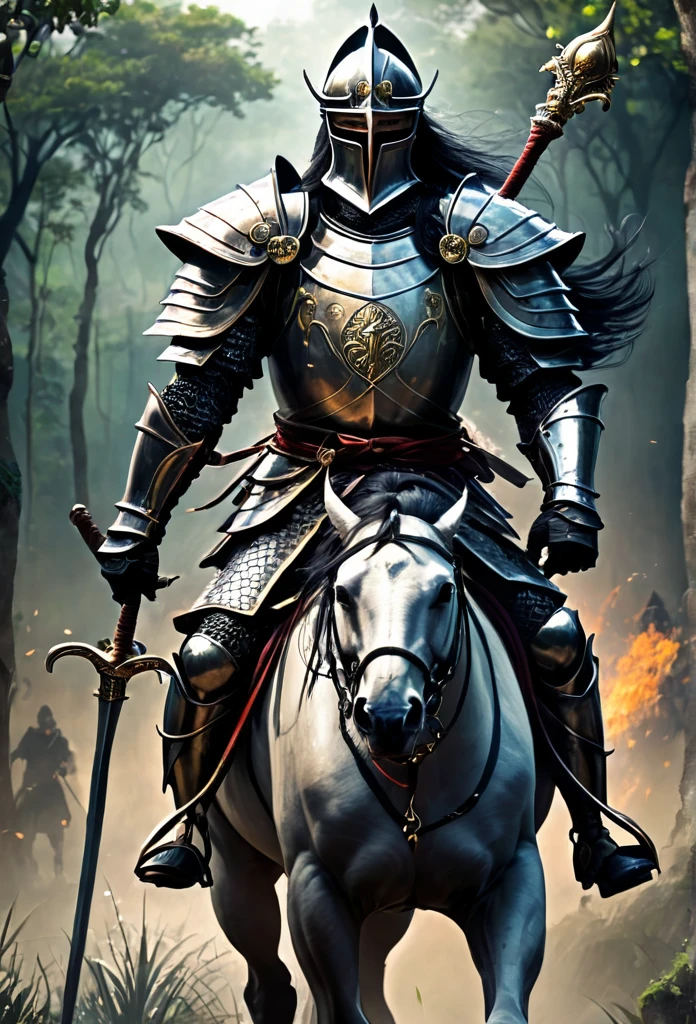 
(((ogum ))) na Umbanda é associado a um cavalheiro Saint George montado em seu cavalo e matando o dragao na tradição católica. ogum é o Orixá da guerra, of strength and work, representing courage and protection. Saint George, known as the holy warrior, shares these characteristics, being venerated as a defender against evil. 16KLong hair, Bblack hair, Bblack hair, Masterpiece artwork, serious, Medieval helmet , Masterpiece artwork, super detaill, serious, 