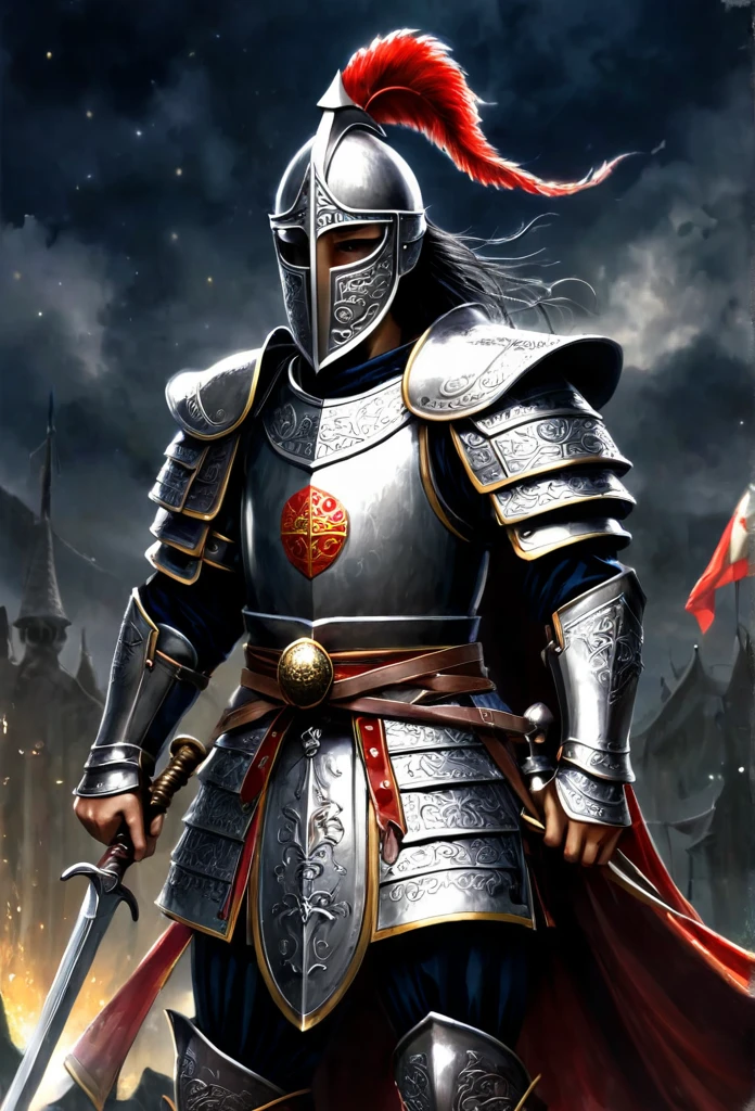 
(((ogum ))) na Umbanda é associado a um cavalheiro Saint George montado em seu cavalo e matando o dragao na tradição católica. ogum é o Orixá da guerra, of strength and work, representing courage and protection. Saint George, known as the holy warrior, shares these characteristics, being venerated as a defender against evil. 16KLong hair, Bblack hair, Bblack hair, Masterpiece artwork, serious, Medieval helmet , Masterpiece artwork, super detaill, serious, 