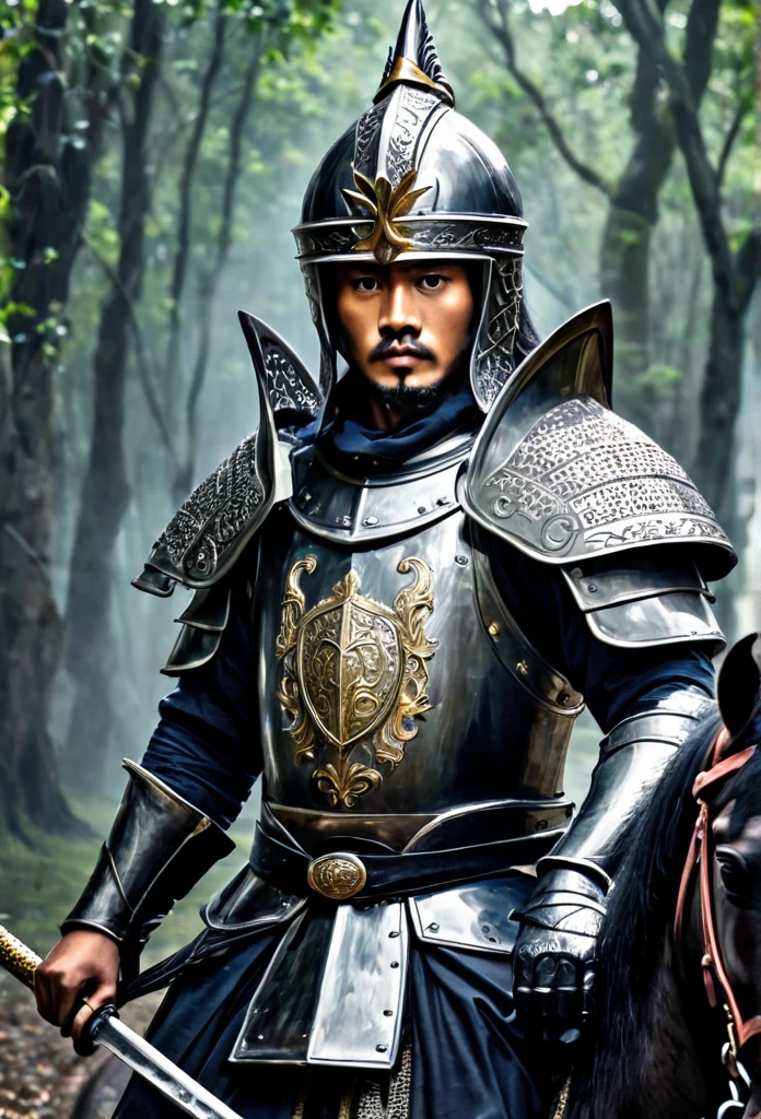 (((ogum ))) na Umbanda é associado a um cavalheiro Saint George montado em seu cavalo e matando o dragao na tradição católica. ogum é o Orixá da guerra, of strength and work, representing courage and protection. Saint George, known as the holy warrior, shares these characteristics, being venerated as a defender against evil. 16KLong hair, Bblack hair, Bblack hair, Masterpiece artwork, serious, Medieval helmet , Masterpiece artwork, super detaill, serious,
