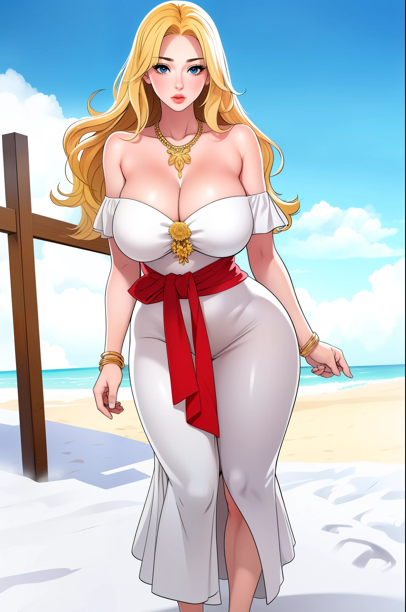 An extremely beautiful busty woman with blonde long hair, big blue eyes, extremely super bright snow white fair stunning flawless glowing lush shiny flawless white skin, a perfect tight hourglass figure, and a skinny waist, wearing an off-shoulder long maroon loose floral garment, white heels, white around the body, gold necklace on the neck, gold anklets on her feet, standing straight, beach in the background, show full body from head to feet.