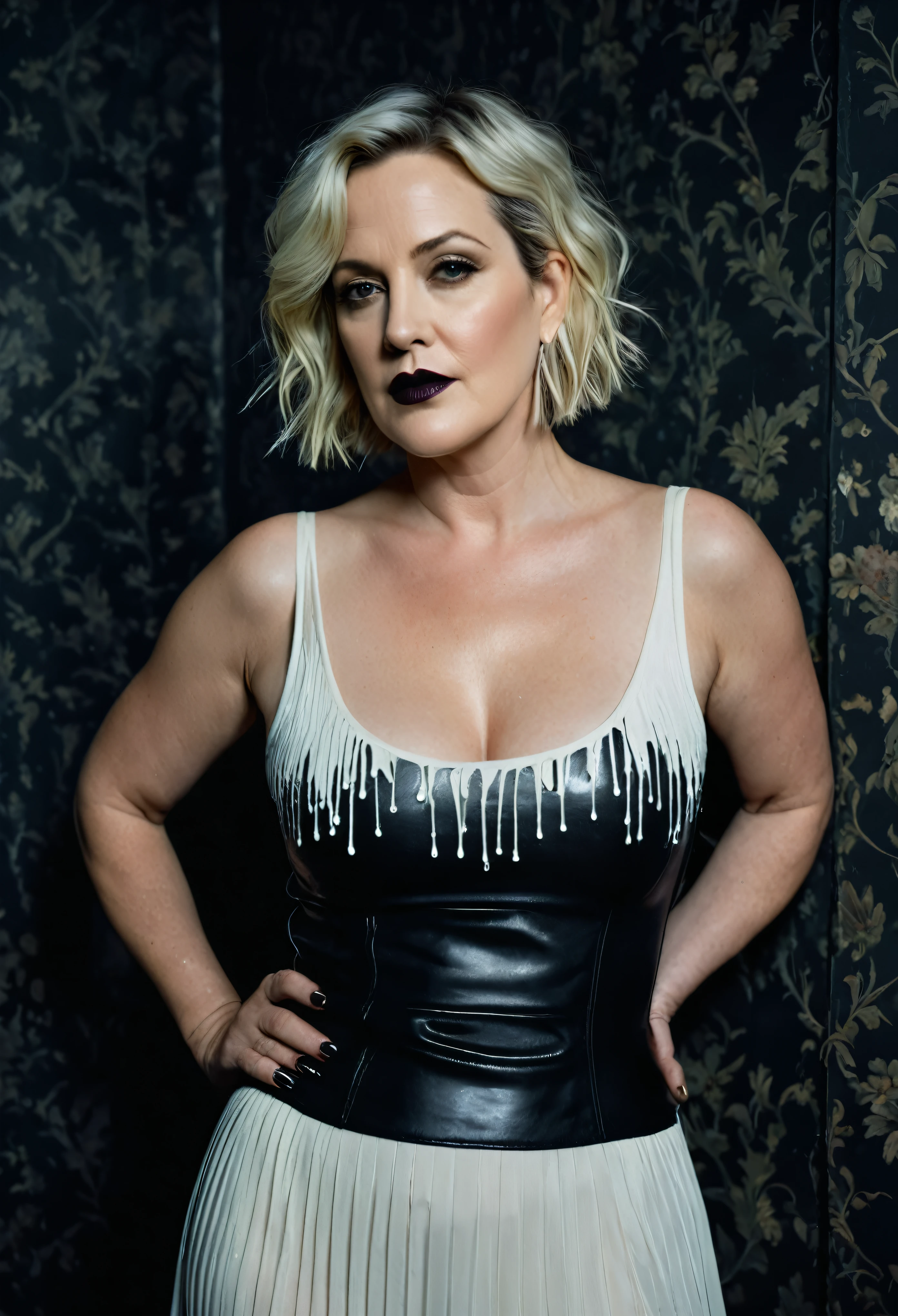 Looks like Drew Barrymore, extremely gorgeous, stunning beauty, sexiest milf, true milf, milf goddes, smokin' hot, mature lady, 50 years old Woman, sweat, sexy outfit, thick figure, bulky figure, sensual dress, sexy tank top, ((Master piece, very realistic, best quality, highly detailed, Frontal view, DELICATE, PORTRAIT, WOMAN 50yo, AESTHETIC)) shallow depth of field, realism, photography, good proportions, narrow depth of field, tilt shift look, bokeh, anamorphic look, cinematic, dark and moody, ((a pale white complexion MODE with short WHITE color hair and bangs and smokey eye makeup, BLACK lips)), sweating body, wet skin, wearing black fashion designed by Rick Owens, a dark photograph by Tim Walker and Tom Hoops and Matt Mahurin, a dark liminal space, a desolate seedy hotel room with peeling wallpaper and black painted walls, symbolism, primordial fluids, uneasy feeling, dark occult imagery, melancholic ((very aesthetic))