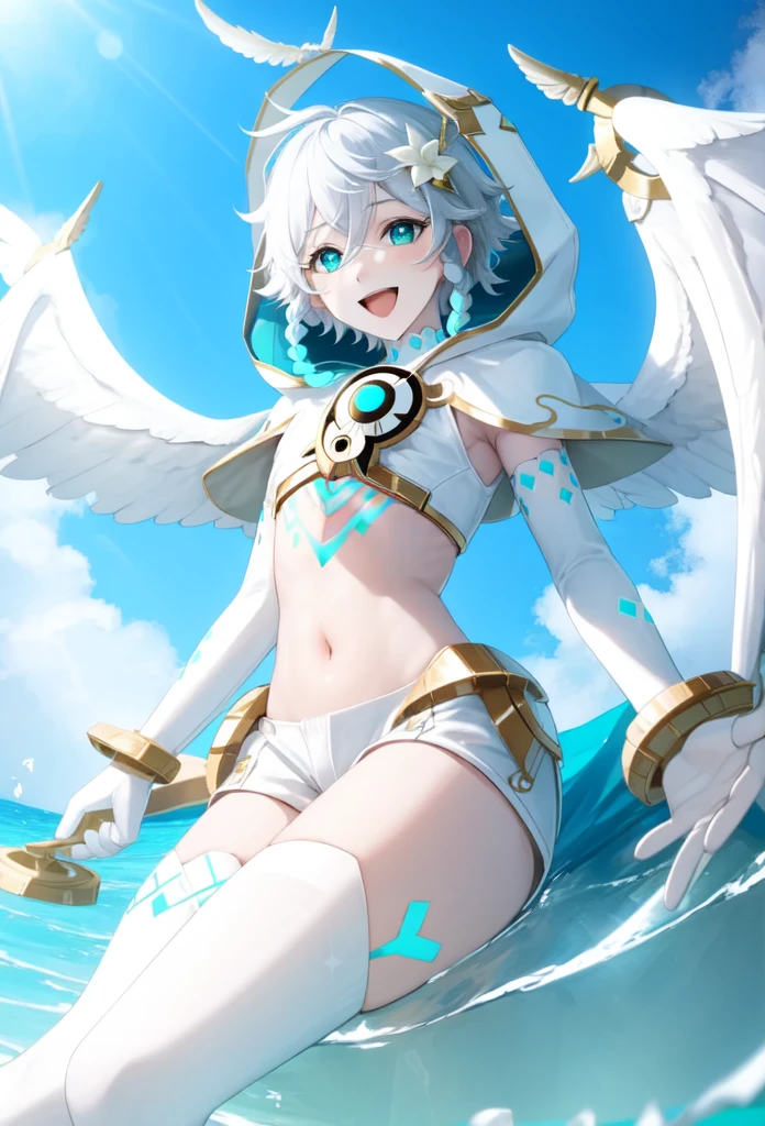 best quality,masterpiece,highres,solo,1boy, absurdres, androgynous, White_hair, White _hair, character_name, chest_tattoo, commentary, crop_top, english_text, feathered_wings, gradient_hair, green_eyes, happy_birthday, highres, hood_up, hooded_capelet, kkopoli, light, male_focus, midriff, official_alternate_costume, open_mouth, short_hair_with_long_locks, simple_white, smile, solo, twin_braids, venti_\(archon\)_\(genshin_impact\), venti_\(genshin_impact\), white_shorts, white_thighhighs, white_wings