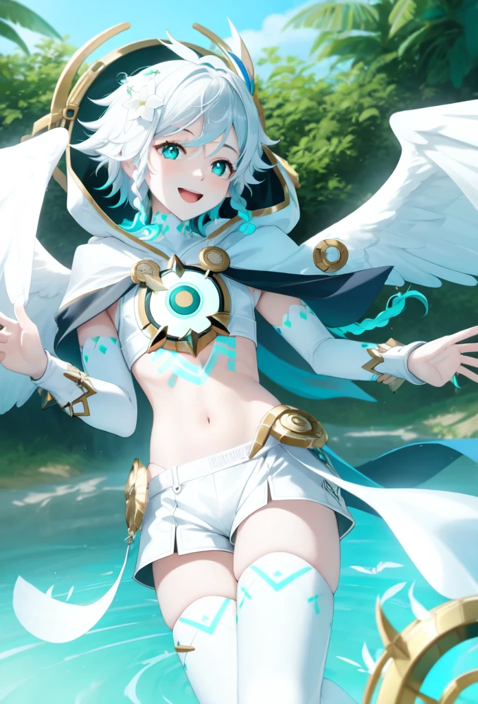 best quality,masterpiece,highres,solo,1boy, absurdres, androgynous, White_hair, White _hair, character_name, chest_tattoo, commentary, crop_top, english_text, feathered_wings, gradient_hair, green_eyes, happy_birthday, highres, hood_up, hooded_capelet, kkopoli, light, male_focus, midriff, official_alternate_costume, open_mouth, short_hair_with_long_locks, simple_white, smile, solo, twin_braids, venti_\(archon\)_\(genshin_impact\), venti_\(genshin_impact\), white_shorts, white_thighhighs, white_wings