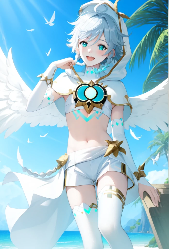 best quality,masterpiece,highres,solo,1boy, absurdres, androgynous, White_hair, White _hair, character_name, chest_tattoo, commentary, crop_top, english_text, feathered_wings, gradient_hair, green_eyes, happy_birthday, highres, hood_up, hooded_capelet, kkopoli, light, male_focus, midriff, official_alternate_costume, open_mouth, short_hair_with_long_locks, simple_white, smile, solo, twin_braids, venti_\(archon\)_\(genshin_impact\), venti_\(genshin_impact\), white_shorts, white_thighhighs, white_wings