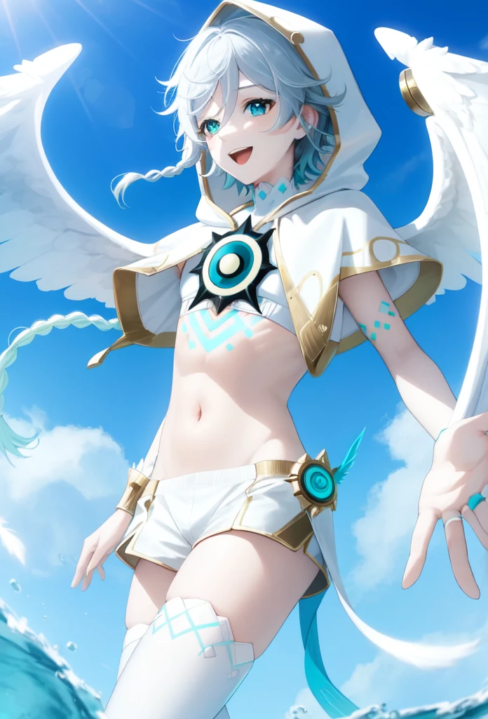 best quality,masterpiece,highres,solo,1boy, absurdres, androgynous, White_hair, White _hair, character_name, chest_tattoo, commentary, crop_top, english_text, feathered_wings, gradient_hair, green_eyes, happy_birthday, highres, hood_up, hooded_capelet, kkopoli, light, male_focus, midriff, official_alternate_costume, open_mouth, short_hair_with_long_locks, simple_white, smile, solo, twin_braids, venti_\(archon\)_\(genshin_impact\), venti_\(genshin_impact\), white_shorts, white_thighhighs, white_wings