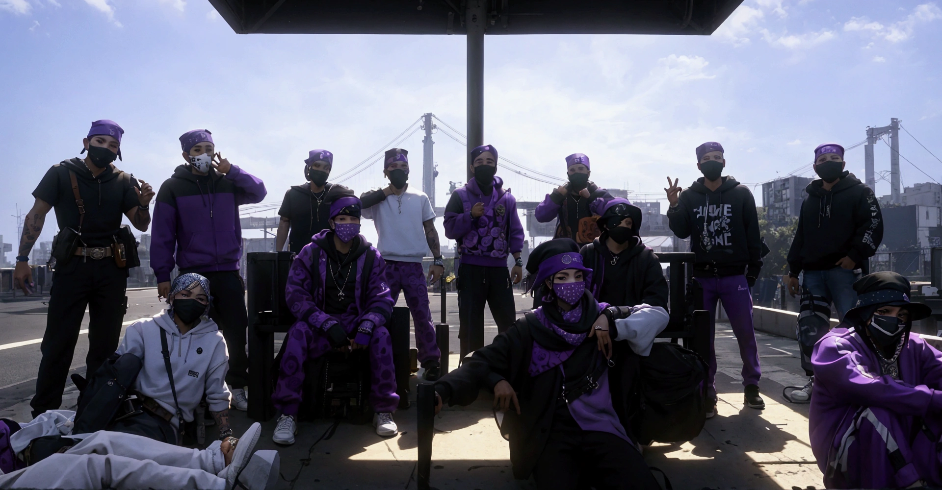 there are many people standing and sitting on a platform, wearing bandana masks, portrait of a purple gang, chillin at the hood together, 