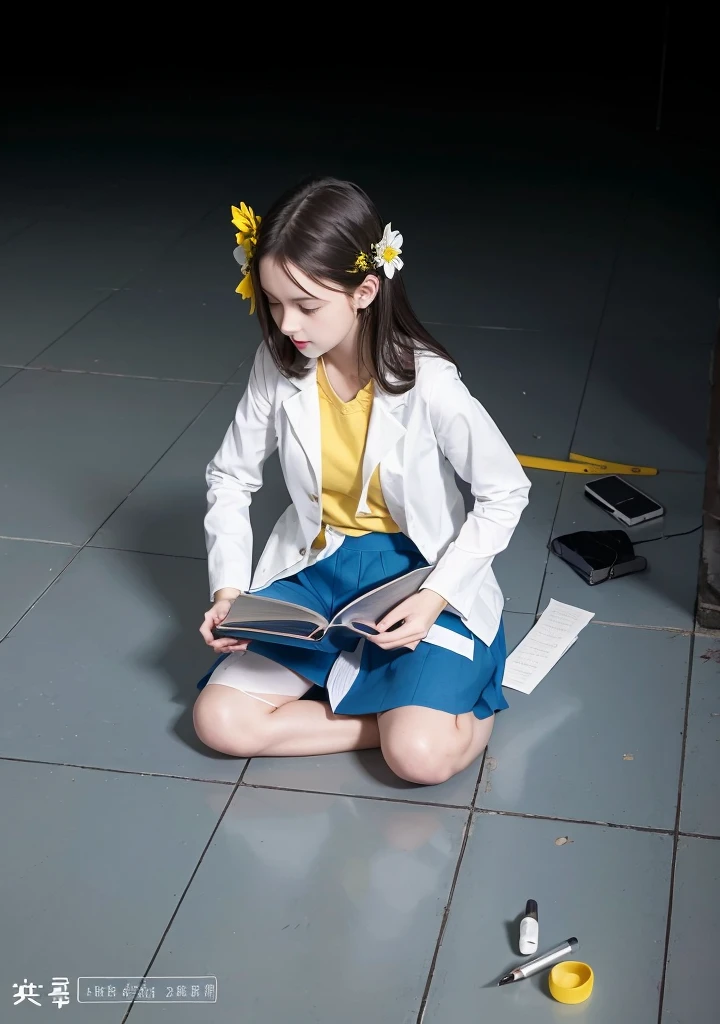 Girl, dark hair, shoulder length hair, blue eyes, white flower hairpin, white lab coat, yellow shirt, blue skirt, black shoes, white socks, dark blue calculus book, writing, looking at the book, holding pen, studying on the floor, half dark room