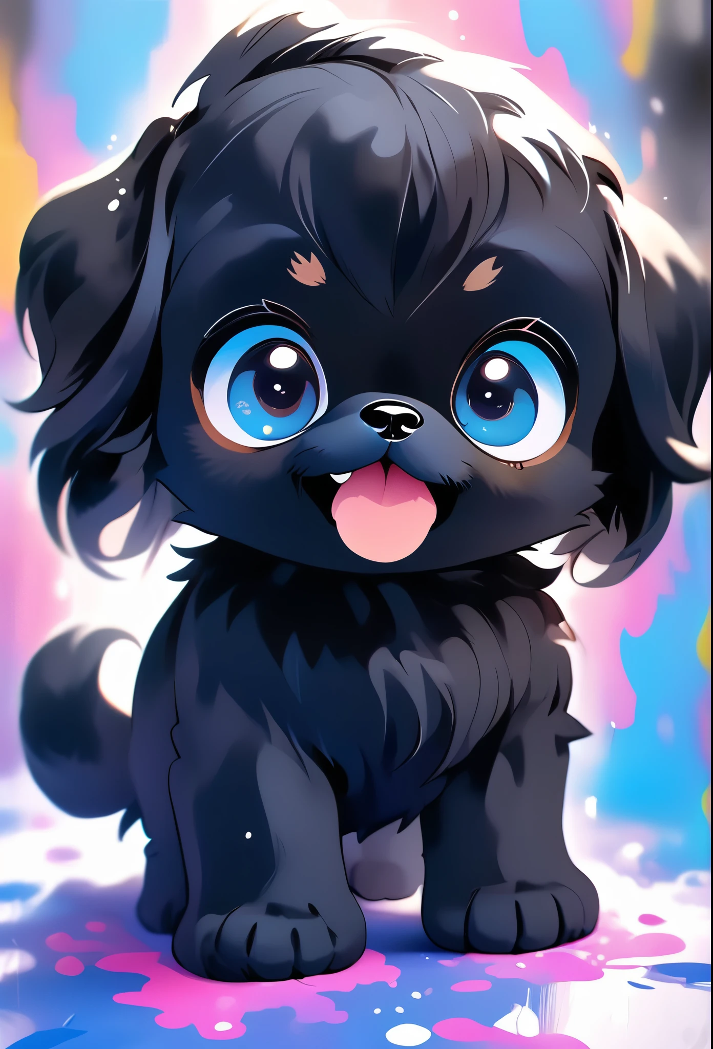 2 adorable tiny black Shih Tzu puppies with big bright blue eyes painting, happy, playful, covered in bright color paint, paint pawprints in back ground 3D Pixar style