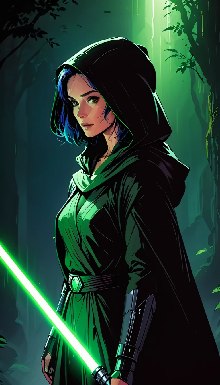 (ohwx woman), a woman in a hooded robe, carrie-ann moss as a jedi master, green lightsaber close to face, dramatic lighting, ultra-detailed, 8k, photorealistic, dramatic cinematic lighting, chiaroscuro lighting, moody atmosphere, dynamic pose, heroic, epic fantasy, line art, flat colors