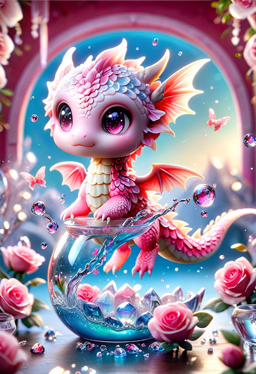 Super detailed, High resolution, High resolution, Absurd, Red Dragon, Expressive pink eyes, Little Dragon, Cute Dragon,Transparent Wings,Glass, pink Sparkling butterflies, Pink Ice, petal, crystal, Glass, roses, water, cute, Sparkling, water辺, Fantasy, Magic,Magic世界