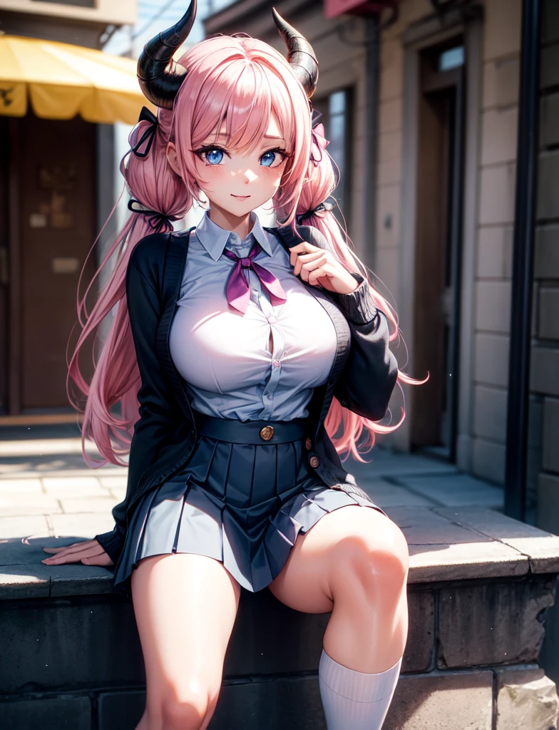 4k, ,Lens flare, pink hair ,mascara, eyeliner, god rays, 4k, 8k, best quality, masterpiece, hyper detailed, intricate detail, 1girl, solo, detailed, Detailed fuchsia hair ++, blonde hair blue eyes ++, raytracing, perfect shadow, highres, enhanced eyes, huge breasts, horns, seductive, hyper detailed, Dressed in a pleated skirt, a button-up blouse, and knee-high socks, your anime girl exudes a scholarly yet fashionable aura. A cardigan and loafers add a touch of sophistication. Your anime girl adds large ribbon bows at the base of each twin tail. This style is both adorable and attention-grabbing, highlighting her playful nature.