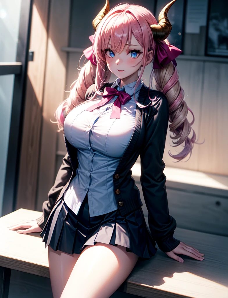 4k,  ,Lens flare, pink hair ,mascara, eyeliner, god rays, 4k, 8k, best quality, masterpiece, hyper detailed, intricate detail, 1girl, solo, detailed, Detailed fuchsia hair ++, blonde hair blue eyes ++,  raytracing, perfect shadow, highres, enhanced eyes,  huge breasts, horns, seductive,  hyper detailed, Dressed in a pleated skirt, a button-up blouse, and knee-high socks, your anime girl exudes a scholarly yet fashionable aura. A cardigan and loafers add a touch of sophistication. Your anime girl adds large ribbon bows at the base of each twin tail. This style is both adorable and attention-grabbing, highlighting her playful nature.