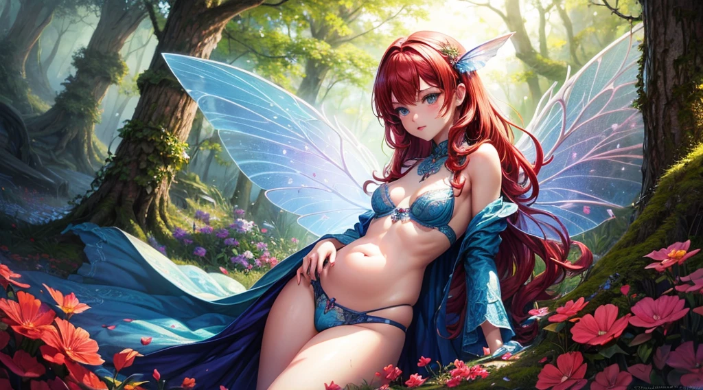 ( Absurd, High quality, ultra-detailed, masterpiece, concept art, smooth, highly detailed artwork, hyper-realistic painting ) , tiny , cute, whole body, Romantic, Vivid, dreamy, fantasy, fairy wings, in the forest, enchanting glow, very detailed art, reveal clothes, sexy lace underwear,  transrarrent clothnes, perky niples, ((pregnat)), redhead