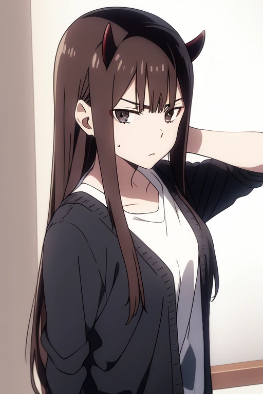 Horikoshi Kouhei, 1 girl, brown hair, brown eyes, cute eyes,long hair, serious, black devil horns.